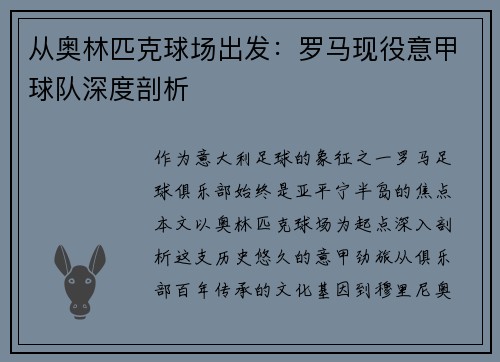 从奥林匹克球场出发：罗马现役意甲球队深度剖析