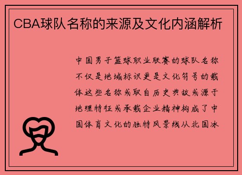 CBA球队名称的来源及文化内涵解析