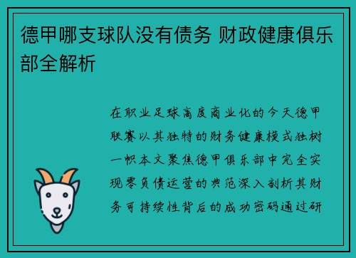 德甲哪支球队没有债务 财政健康俱乐部全解析